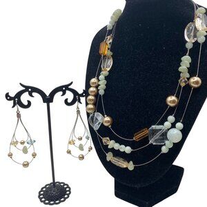 Layer Bead Necklace Earring Pale Blue Champagne Silver Tone 16" Wire 2.5" Dangle